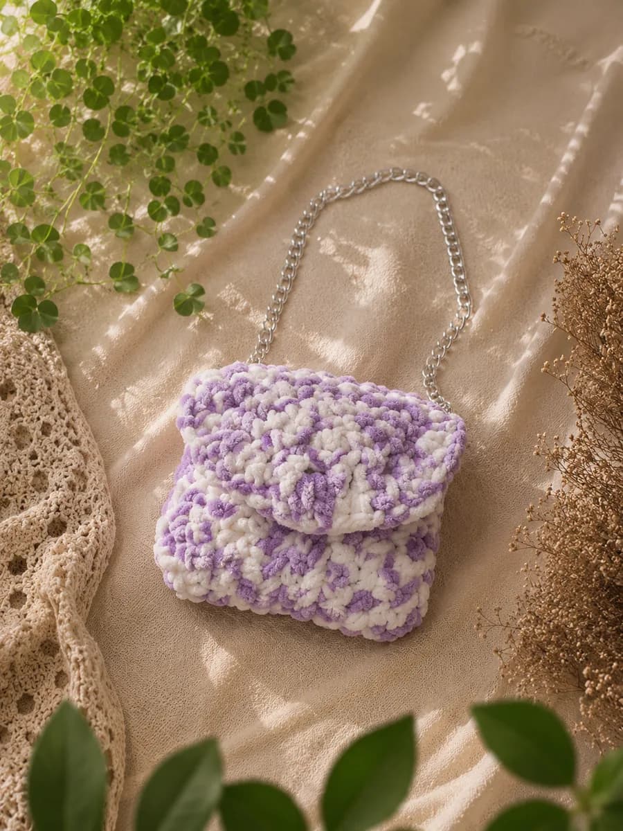 Bolso artesanal blanco y morado con asa de cadena.