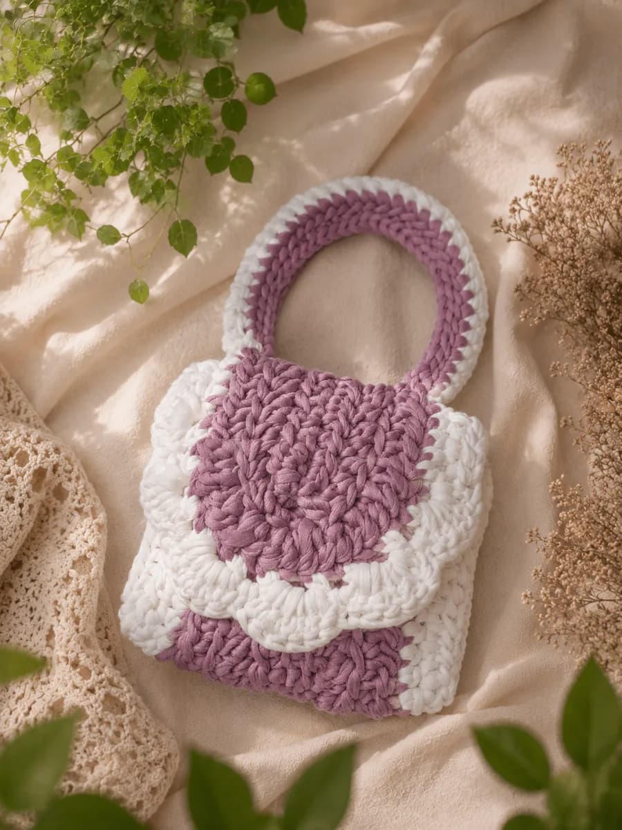 Bolso tejido en crochet en blanco y morado con textura artesanal.