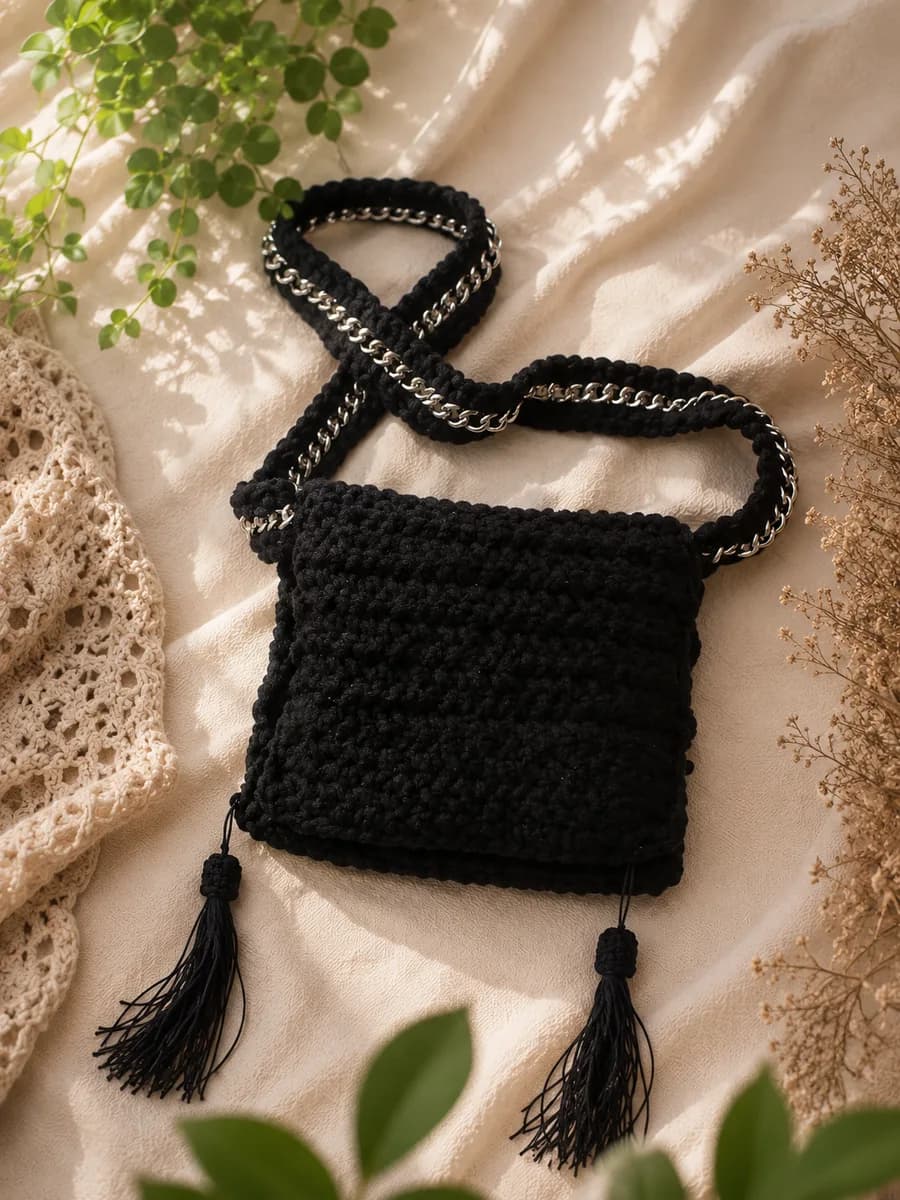 Bolso tejido en crochet negro con acabado artesanal.