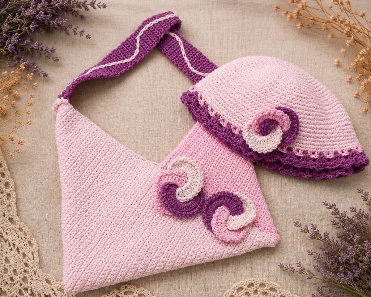 Set artesanal de bolso y gorro a juego en tonos rosas.