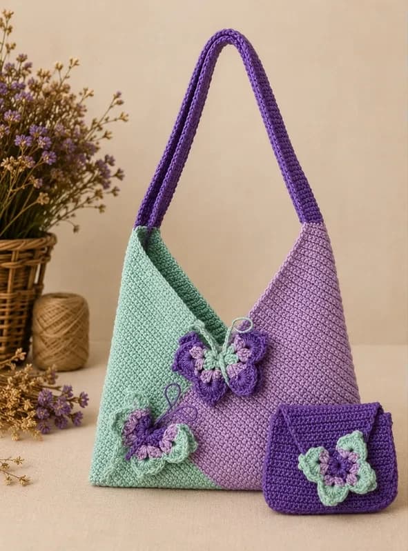 Bolso artesanal morado con monedero coordinado incluido.