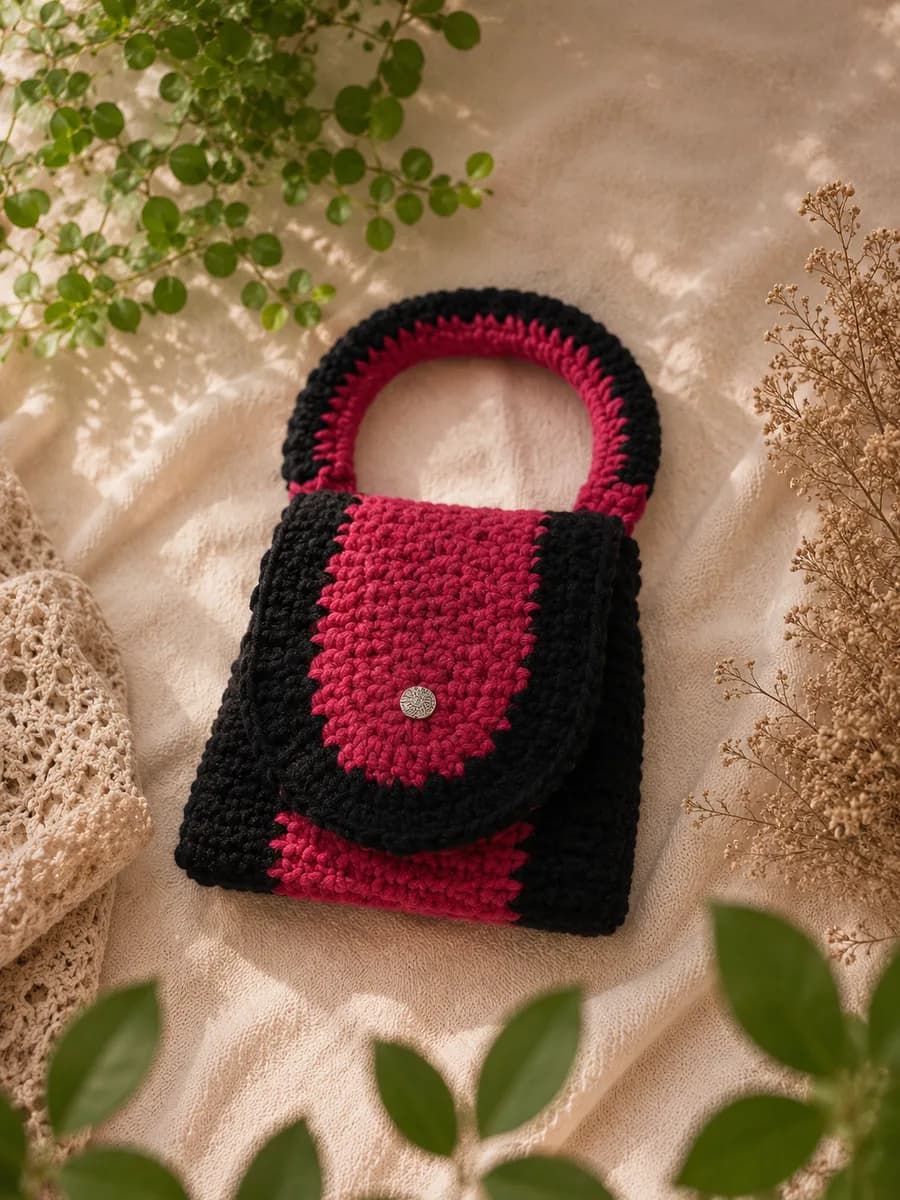 Bolso artesanal bicolor rojo y negro con botón decorativo.
