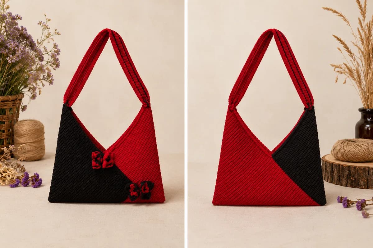 Bolso artesanal en rojo intenso, tejido a mano.
