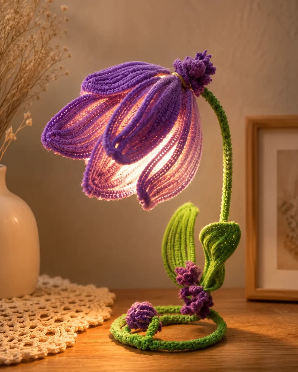 Lámpara de mesa tejida en crochet con luz cálida artesanal.