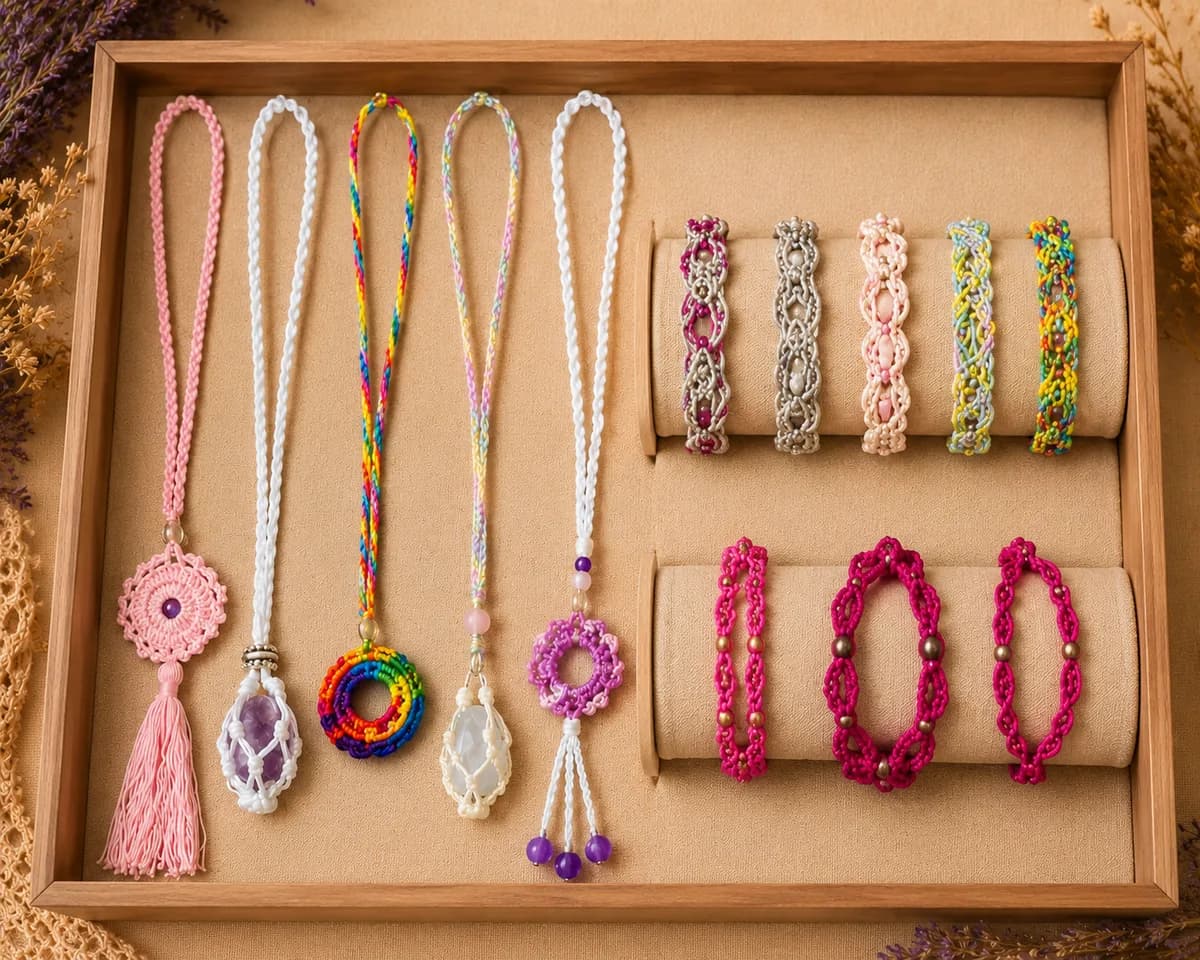 Pulseras y colgantes artesanales con abalorios y cuentas de colores.
