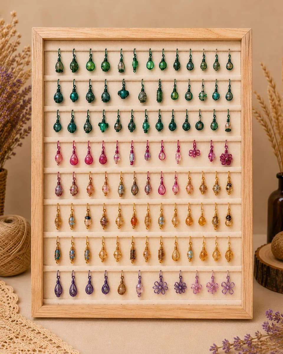 Vitrina con selección de abalorios artesanales para joyería personalizada.