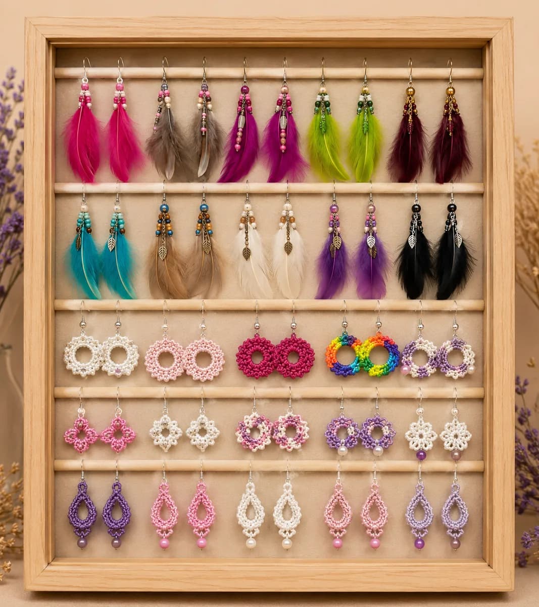 Selección de pendientes artesanales hechos a mano con materiales naturales.